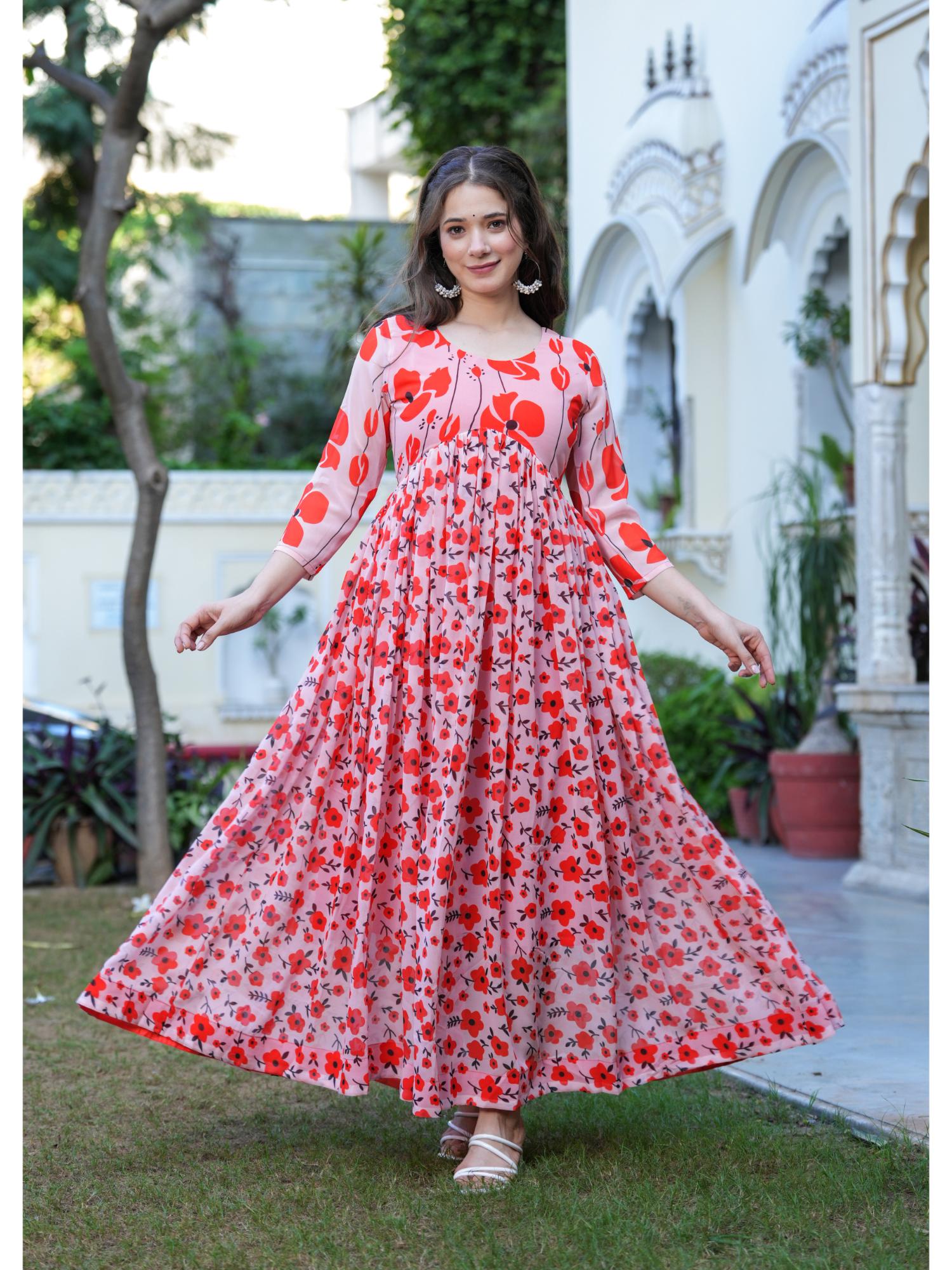 Womens Pink Fit and Flared Printed Dress-image-6