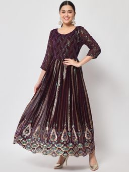 Gahan - Womens Burgundy Fit and Flared Embroidery Dress