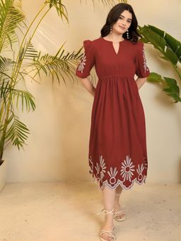 Gahan - Womens Maroon Embroidered Hemline A-Line Midi Dress