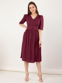 Zink London - Women Maroon Solid Midi Dress