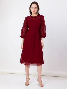 Zink London - Women Maroon Embroidered Midi Dress