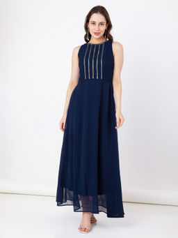 Zink London - Women Navy Blue Embroidered Maxi Dress