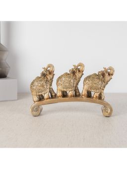HomeTown - Miraya Three Elephant on Platform, Polyresin Hand Finished Figurine Gold