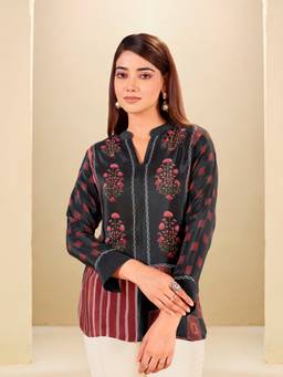 IOLY - Black Floral Printed Pure Crepe Mandarin Tunic