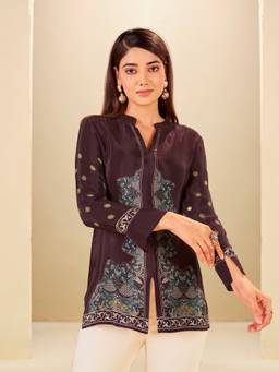 IOLY - Burgundy Printed Pure Crepe Mandarin Tunic