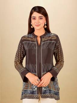 IOLY - Brown Printed Pure Crepe Mandarin Tunic
