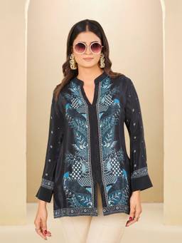 IOLY - Navy Blue Printed Pure Crepe Mandarin Tunic
