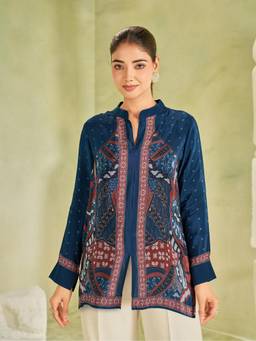 IOLY - Teal Printed Pure Crepe Mandarin Tunic