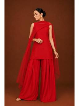 LABEL MAE - Solid Red Straight Kurta With Palazzo And Dupatta