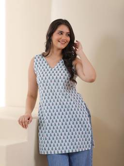 QAZMI - White Women Floral Printed Cotton Sleeveless Short Kurti