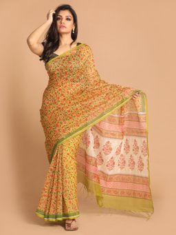 Indethnic - Yellow Floral Super Net Saree with Unstitched Blouse