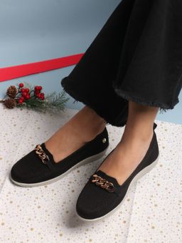 ELLE - Womens Woven Desian Slip-On Loafers with Chain Detail Black