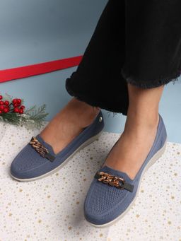 ELLE - Womens Woven Desian Slip-On Loafers with Chain Detail Blue