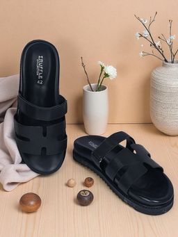 Truffle Collection - Black Synthetic Leather Velcro Sandals For Men