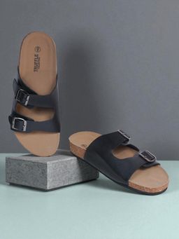 Truffle Collection - Black Synthetic Leather Cork-Latex Footbed Sandals For Men
