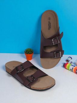 Truffle Collection - Dark Brown Synthetic Leather Cork-Latex Footbed Sandals For Men