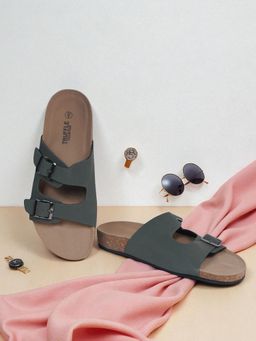 Truffle Collection - Olive Green Synthetic Leather Cork-Latex Footbed Sandals For Men