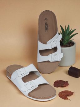 Truffle Collection - White Synthetic Leather Cork-Latex Footbed Sandals For Men