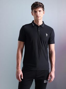 U.S. POLO ASSN. - Active Solid Black Half Sleeves Collar Neck Polo T-Shirt