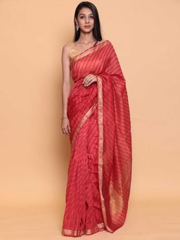 Zari Jaipur - Red Color Cotton Chanderi Fabric Saree with Unstitched Blouse