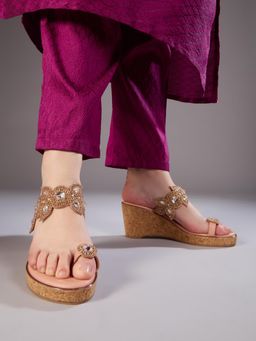 Inc.5 - Women Rose Gold Ethnic Embellished Pattern One Toe Wedge Heels