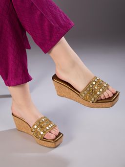 Inc.5 - Women Golden Ethnic Embellished Square Toe Wedge Heels