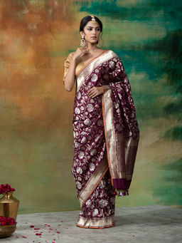 WeaverStory - Wine Handloom Katan Silk Sona Rupa Banarasi Saree with Floral Jangla
