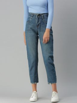 SHOWOFFFF - Women Low Distress Blue Mom Fit Denim Jeans