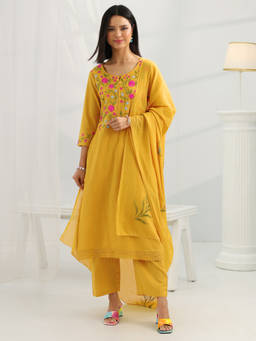 Libas - Women Mustard Floral Kurta with Pant & Dupatta