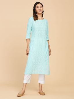 Fabindia - Light Blue Cotton Chikankari Long Kurta
