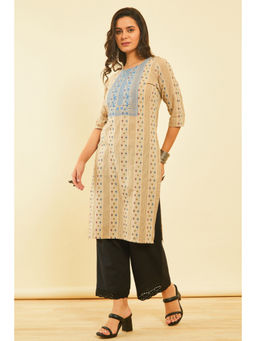 Soch - Beige Cotton Blend Puffy Print Woven Design Kurta