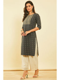 Soch - Charcoal Printed Woven Design Cotton Blend Straight Kurta