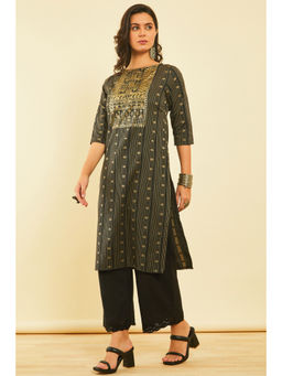 Soch - Black Cotton Blend Foil Print Boat Neck Kurta