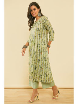 Soch - Sap Green Rayon Kantha Weave Floral Printed Kurta