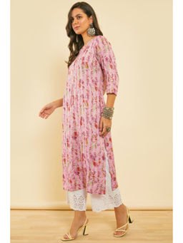 Soch - Pink Printed Rayon Kantha Weave Floral Printed Kurta