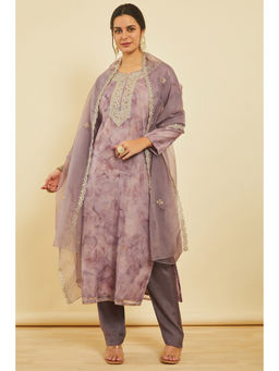 Soch - Purple Abstract Print Organza Unstitched Dress Material (Set of 3)