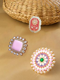 Zaveri Pearls - Set of 3 Multicolor Meenakari Floral Design Ethnic Rings-ZPFK14528