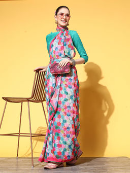 Odette - Multicolor Sequence Printed Georgette Saree with Unstitched Blouse