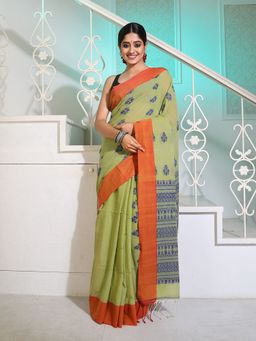 CHARUKRITI - Sap Green Cotton Handspun Soft Saree with Paisley Pallu with Unstitched Blouse