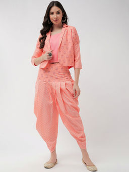 Pannkh - Peach Jaipur Haat Leg 'O' Mutton Sleeves Jacket With Top & Dhoti Pant (Set of 3)