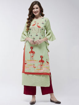 Pannkh - Green Women'S Bell Sleeves Layered Flamingo Printed Kurta