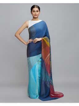 Navyasa By Liva - Blue Organza Geometric Print Saree with Unstitched Blouse