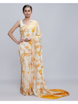 Navyasa By Liva - Yellow Organza Floral Print Saree with Unstitched Blouse