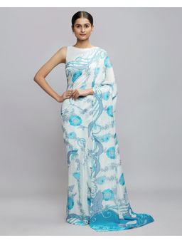 Navyasa By Liva - Blue Organza Floral Print Saree with Unstitched Blouse