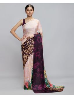 Navyasa By Liva - Peach Satin Floral Print Saree with Unstitched Blouse