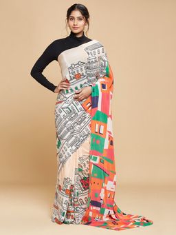 Navyasa By Liva - Multi-Color Crepe Abstract Print Saree with Unstitched Blouse