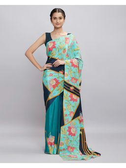 Navyasa By Liva - Blue Crepe Floral Print Saree with Unstitched Blouse