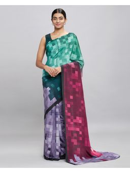 Navyasa By Liva - Purple Crepe Geometric Print Saree with Unstitched Blouse