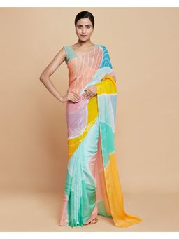Navyasa By Liva - Green Organza Abstract Print Saree with Unstitched Blouse