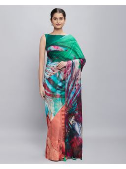 Navyasa By Liva - Orange Organza Abstract Print Saree with Unstitched Blouse